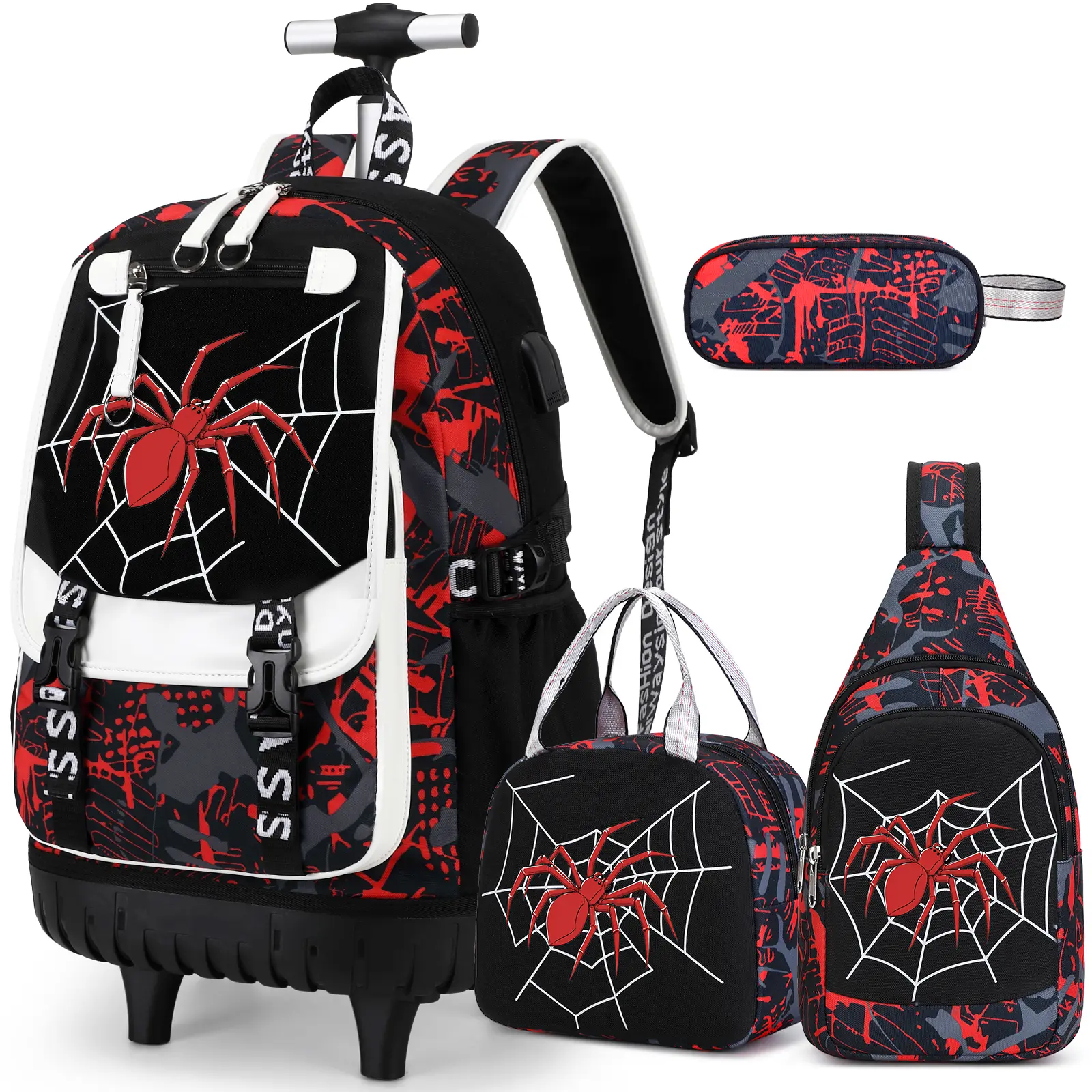 Boys' Halloween Rolling Backpack Set - Wheeled Large-Capacity Bookbag with USB Charging Port, Matching Lunch Bag & Pencil Case for Elementary, Middle School