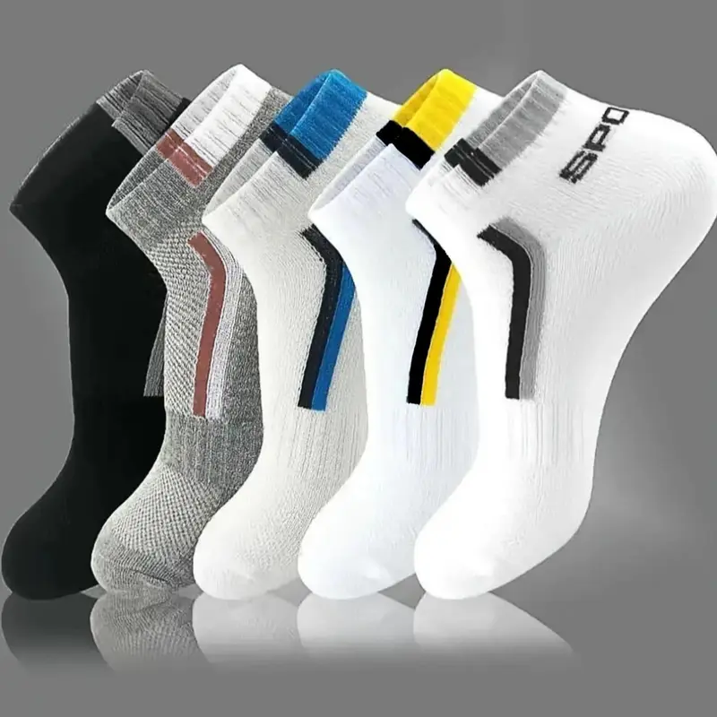 5 Pairs Men's Solid Color Breathable, Simple Sweat-Absorbing Short Socks for Outdoor Activities, Sporty Socks, Random Shipping