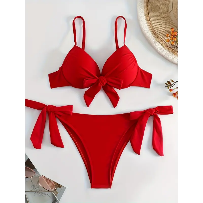 Women's Big Red Gathered Hard Pack Strap Bikini Set - Stretch, Halter Neck, Laces, Sleeveless, Elastane Polyester Swimwear