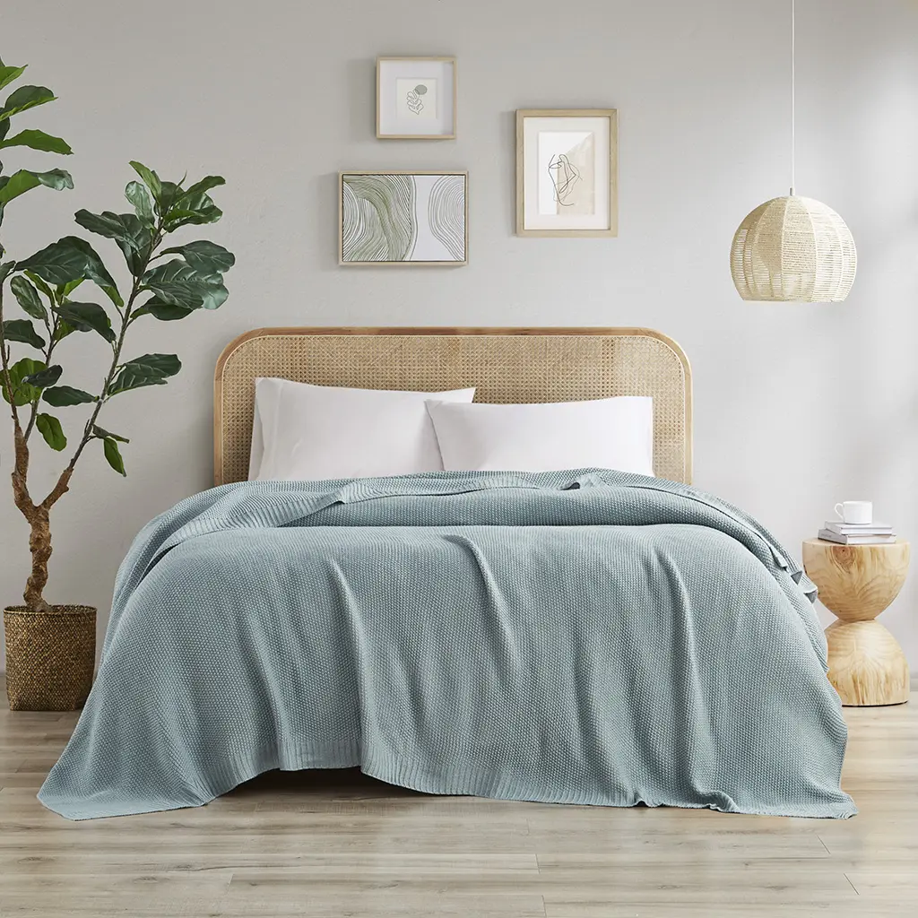 INK & IVY II51-1308 Twin Size Bree Knit Acrylic Yarn Blanket, Light Blue, 66x90x0.25 in. - Blue Acrylic Blanket, Acrylic Yarn Blankets, Blue Acrylic Blankets