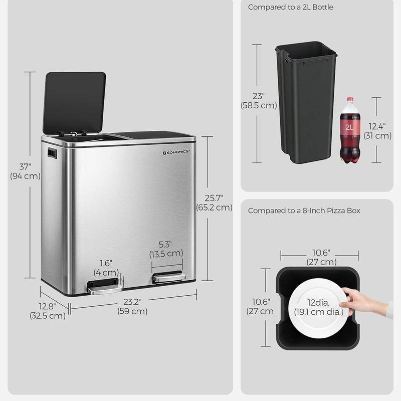 SONGMICS Stainless Steel Trash Can Garage Can Multi-Compartment Plastic Inner Buckets and Hinged Lids Soft Closure Kitchen