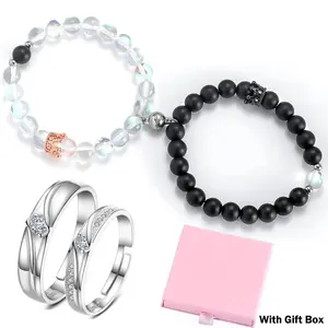 4pcs/set Black & Clear Stone Beads Crown Matching Bracelets with Rings Set for Couples Lover Friendship Kit Bestie Gifts for Women Men Long Distance Relationship Witch Merch Costume Crown Accessories with Gift Box