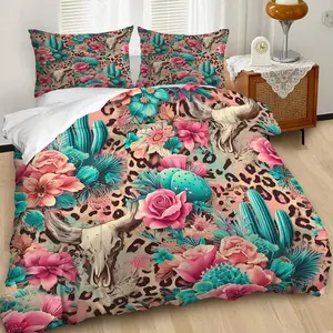 Vibrant Leopard Print Duvet Cover Set with Turquoise Cacti & Pink Roses, Eclectic Bedding Set for Bold Bedroom Decor, Soft and Cozy Fabric, Perfect for Bohemian & Western Themes!, Contains 1 duvet cover, 1 or 2 pillowcases (without filling)