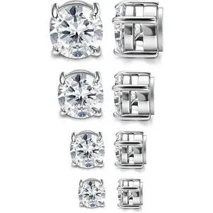 MILACOLATO 4 Pairs Stainless Steel Mens Womens Magnetic Stud Earrings Non-piercing CZ 4-7MM