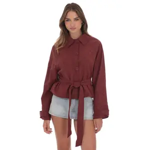 Suede Belted Leather Jacket in Burgundy