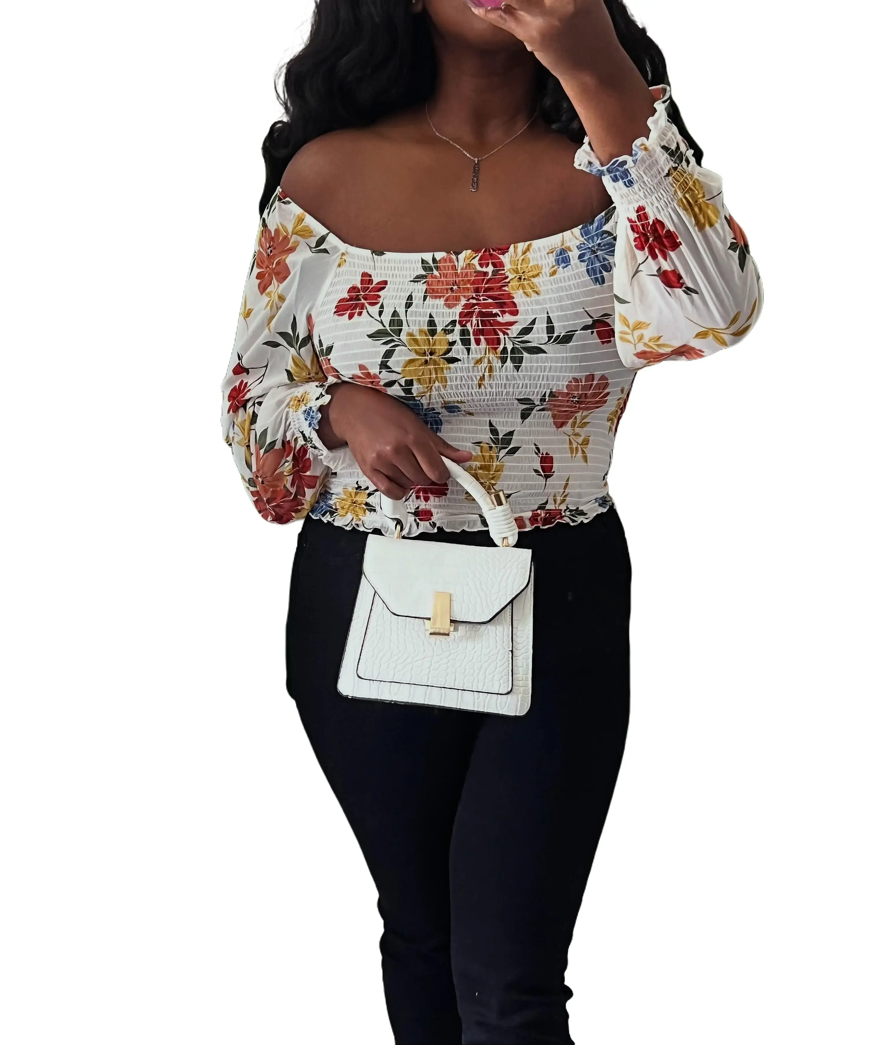 Semi Sheer Floral Top gypsy crop Womenswear Smock Crop Top Polyester Spandex Blouses Loose