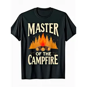 [100% Cotton] 100% Cotton Men' Black Campfire & Pine Tree Night Sky Graphic T-Shirt - Master of the Campfire Design with Funny Camping Saying, Durable Outdoor Tee for Hiking, Bonfires & Weekend Adventures, All-Season Comfort Fit Round Neck Casual Shirt
