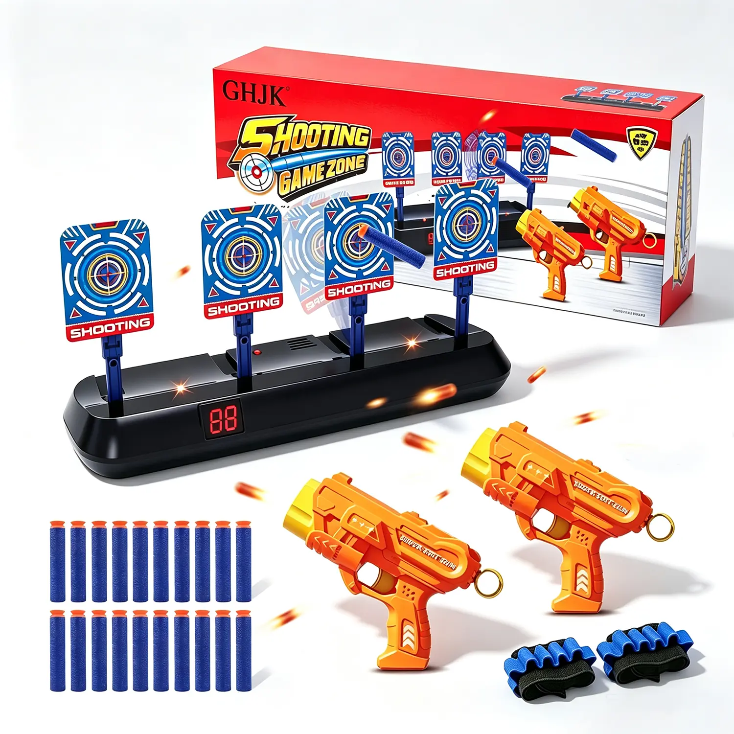 Electric Auto Reset Shooting Target & Foam Blaster Toy Guns Set, Digital Scoring Shooting Game with Soft Darts & Wrist Ammo Straps, Indoor Outdoor Shooting Practice Toy, Birthday Christmas Gift for Boys Ages 6+