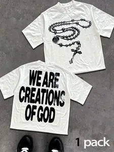 American Street Style Men's Christian Cross Print Fitted T-Shirt, Vintage Washed Round Neck, Short Sleeve, All Seasons Fashion