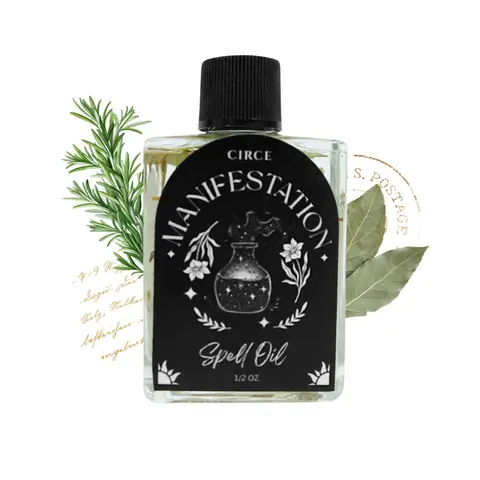 Circe Boutique Manifestation Spell Oil 1/2 oz | Bay Leaf & Rosemary Goal-Setting Ritual Oil for Abundance & Clarity | Handcrafted Coconut Oil Aromatherapy Blend | Sandalwood Amber Scent | Cruelty-Free Spiritual Anointing Oil for Candles & Altars