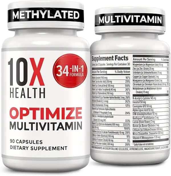 Methylated Multivitamin Capsules, 34-in-1 Formula with Vitamin B12, 5-MTHF, NAC, Methyl B Complex, Gluten-Free, Halal & Keto-Friendly, 90 Count