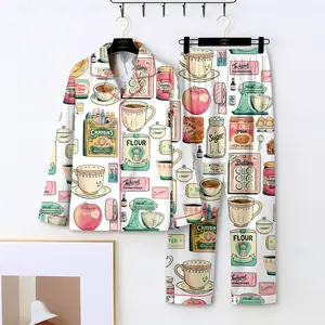 Vintage Kitchen Aesthetic Pajama Set – Retro Food & Baking Illustrations, Cozy Soft Satin Sleepwear for Women, Cute Cottagecore Cooking Theme PJs, Pastel All-Over Print Loungewear