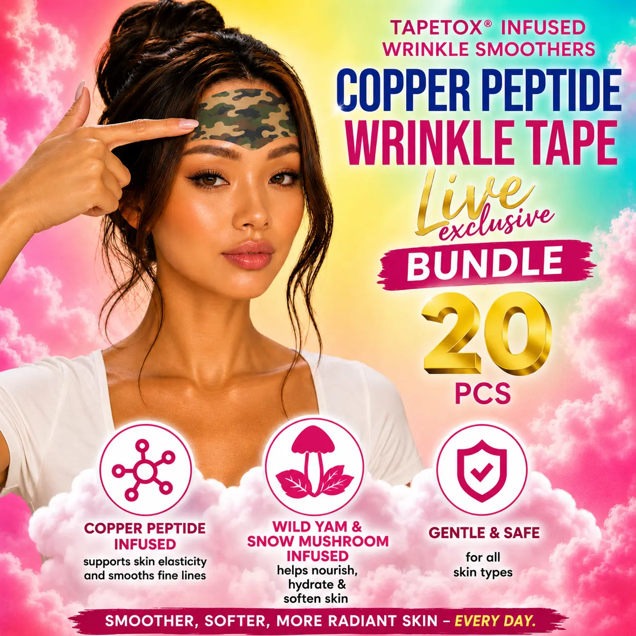 20 Infused Wrinkle TapeTox, Copper Peptide Infused Japanese Face Tape, Dermatologist Approved, Wrinkle Smoothing Tapes, skincare,  lines, crows feet, elevens, Korean skincare, copper peptides, pine bark, wrinkle smoothing, plump skin
