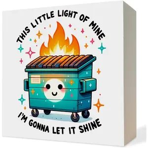 Dumpster Fire Desk Accessories Wooden Box Sign, Funny Sarcastic Gifts for Coworkers, This Little Light of Mine Dumpster Fire Wood Block Plaque Signs for Office Desk Table Shelf Decor, 5x5 Inch