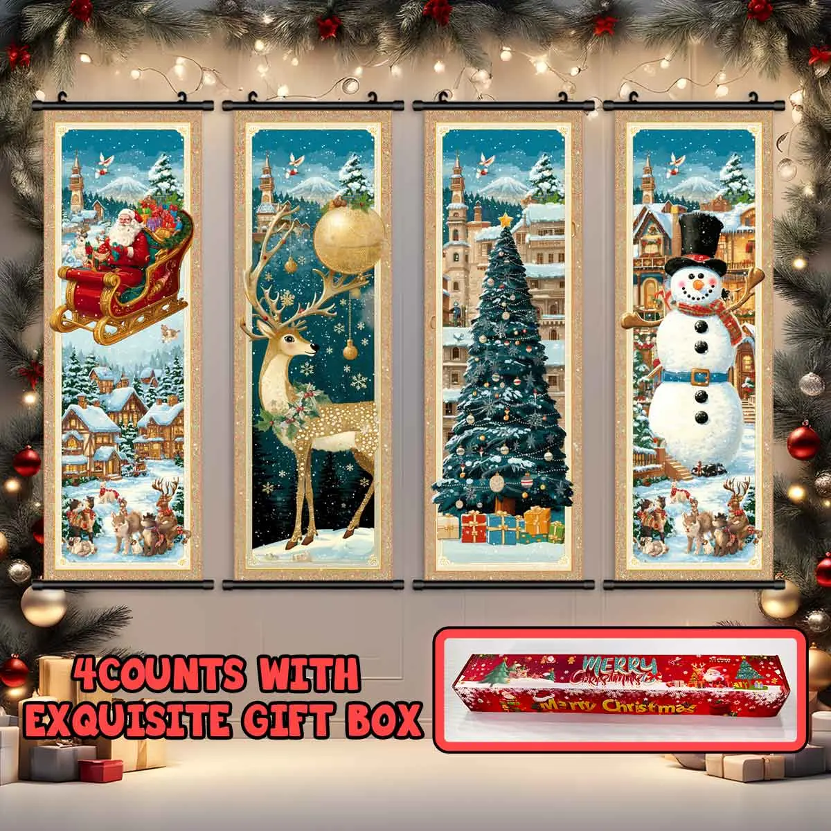 4-Piece Christmas Wall Art Set, Santa Claus, Snowman & Christmas Tree Designs, Modern Festive Decorations, High-Quality Prints, Perfect Gift Idea