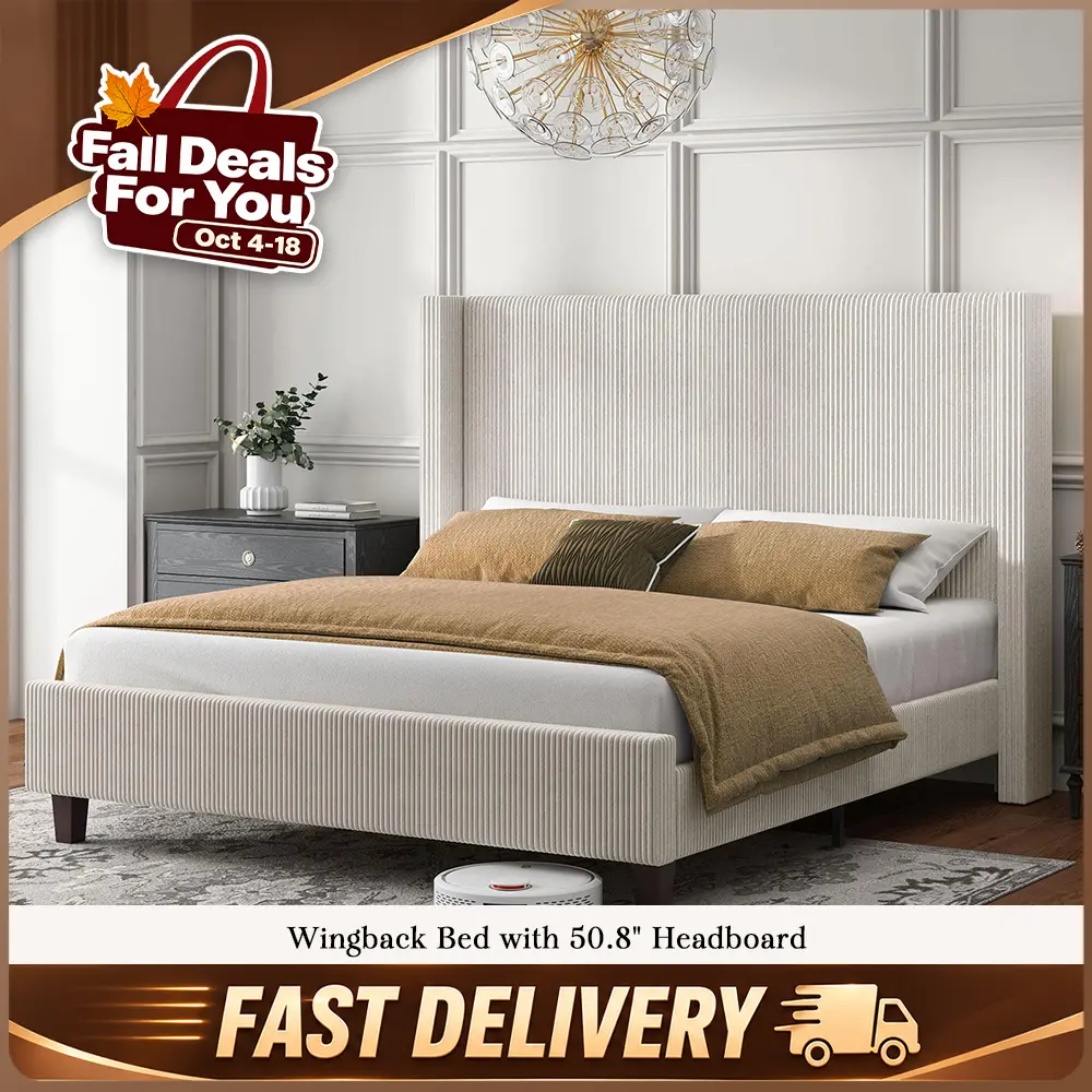 【Bed Frame Only】VanAcc Upholstered Platform Bed Frame, Wingback Bed with 50.8" Headboard, Modern Corduroy Design, Solid Wood Leg/No Box Spring Needed, Unique Bedroom Furniture  #TikTokShopBlackFriday #TikTokShopBlackFriday #Chrismas decor