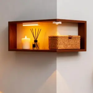 Walnut Color 90 Degree Corner Wall Mounted Shelf, Includes 20cm Warm Light LED Lamp, Adjustable Height Floating Storage Rack