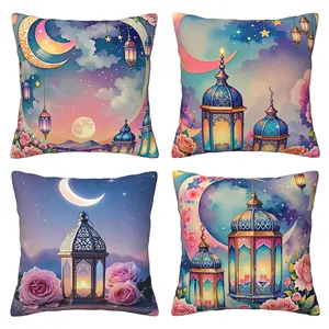 Square Ramadan Karim Pillow Set, Ramadan Pillowcase, Cushion Cover, Suitable for Sofa, Bedroom, Living Room, Car, Decorative Pillowcase, 4-piece Set with Double sided Printing