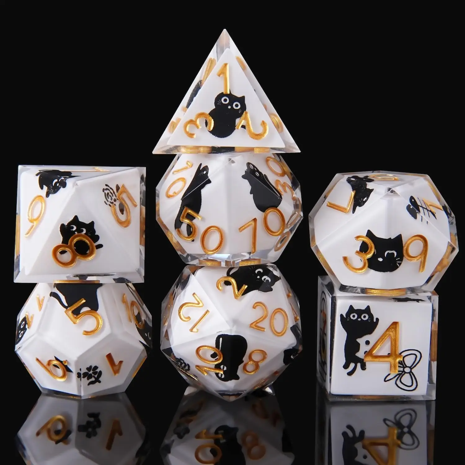 YEMEKO 7-Piece Resin Dice-in-Dice Black Cat Set Handmade Polyhedral DND Dice for RPG & Tabletop Games Natural Resin Material Sparkling Glitter Quicksa