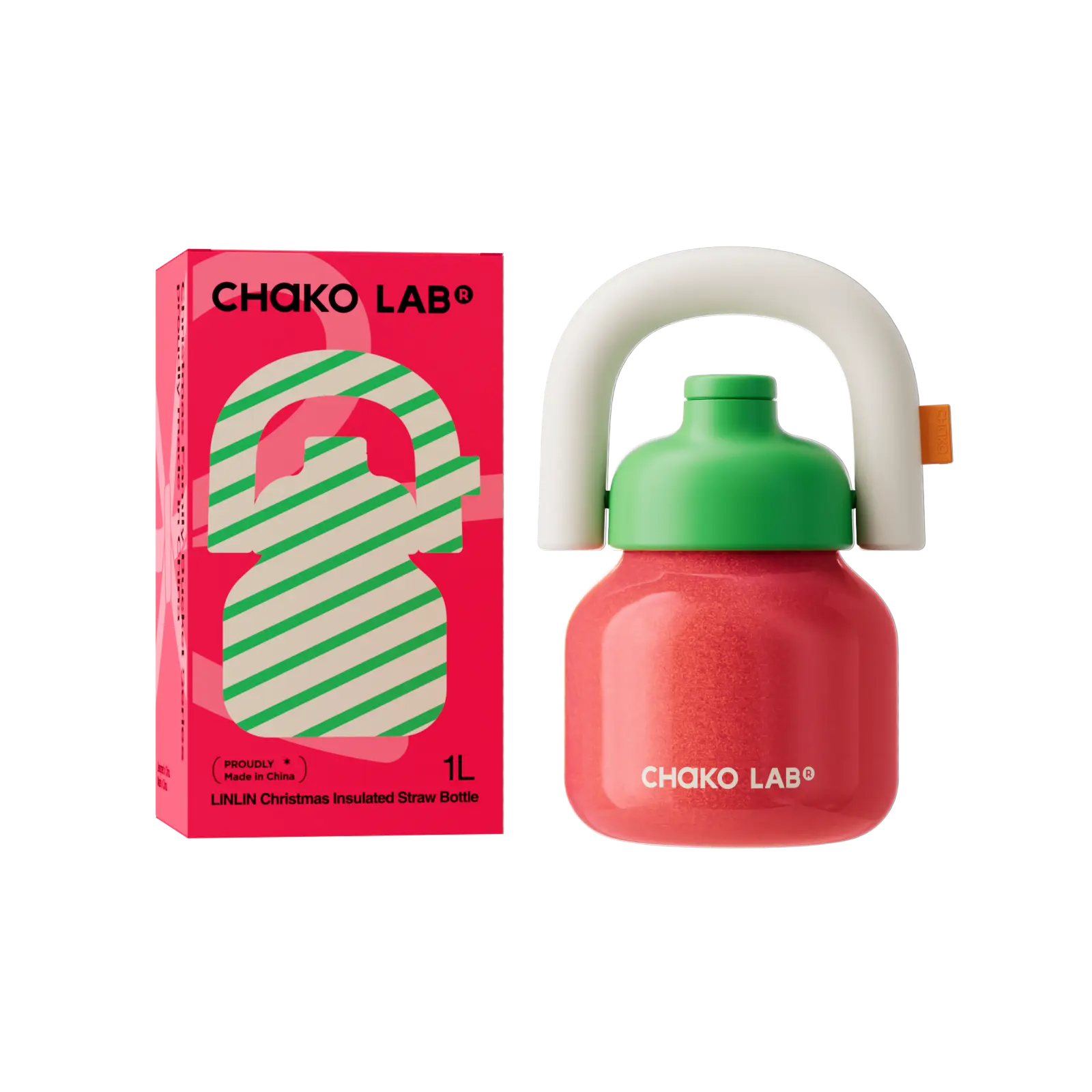 CHaKO LAB Christmas Water Bottle with Straw and Carry Handle | Wide Mouth vacuum insulated stainless steel Bottles | Reusable, leak-proof and BPA-free | 34oz(Green&Red)