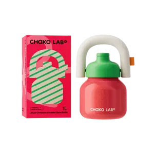 CHaKO LAB Christmas Water Bottle with Straw and Carry Handle | Wide Mouth vacuum insulated stainless steel Bottles | Reusable, leak-proof and BPA-free | 34oz(Green&Red)