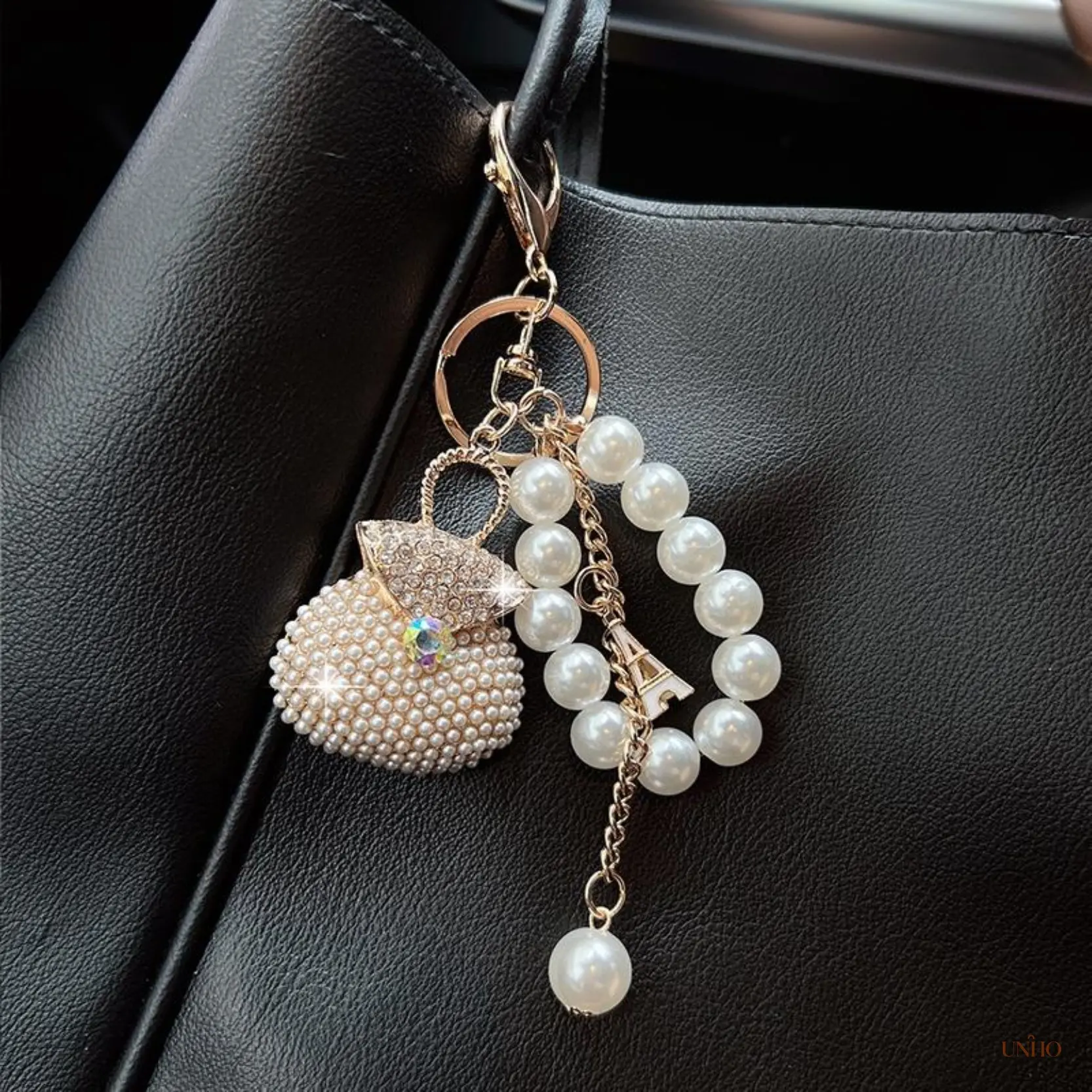 Elegant Pearl Chain Mini Bag Model Key Ring Bag Charm, Sparkling Rhinestone Aesthetic Pendant, Trendy Cute Decor Accessory For Women Handbags Backpacks Car Remote Keys & Chic Daily Gift For Ladies
