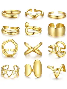 12 PCS Chunky Gold Rings for Women Non Tarnish 18K Gold Plated Adjustable Statement Ring Knuckle Thumb Stackable Open Rings Set Fashion Jewelry Gifts Stacking Ring Set