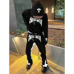 Gothic Cross Pattern Two-Piece Set, Street Style Hoodie and Pants, Outdoor/Home Casual Wear, Unisex Fashion