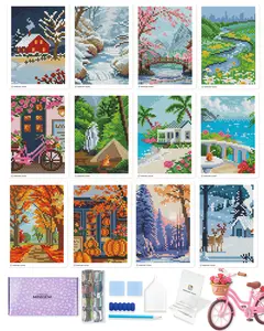 Foreveryoung Minigem Small Diamond Art Kits for Beginners, 12Pcs Square Drill Diamond Painting Kits for Adults 3-Hour Painting, Postcard-Style Mini Diamond Art Kits for Adults 5x7 Inch (Twelve Months)