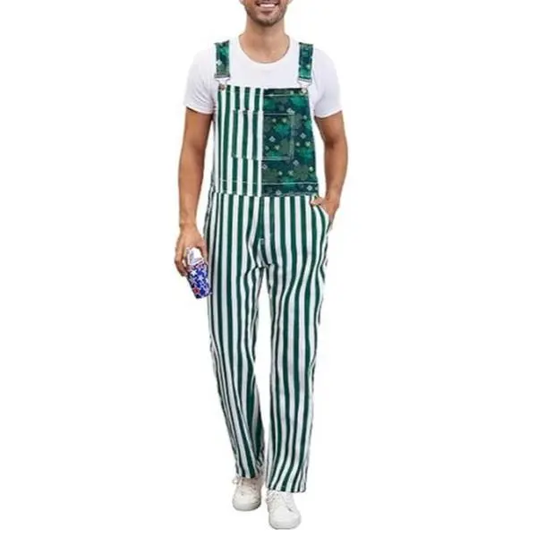 YUANBANG Football Season Stretch Men's Overalls Denim Bib Coveralls Chic Green Stripes Print Romper with Zip Fashion Fall Winter Casual Comfy Rompers Game Day Outfits Y2K Menswear Beer Bars Party Wear Jumpsuits Irish Christmas Gifts