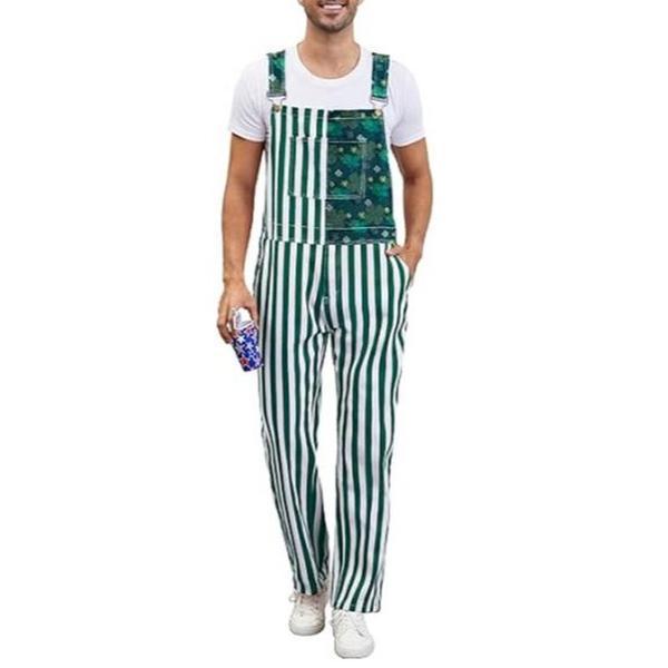 Yuanbang St Patrick's Day Overalls for Men Lucky Irish Romper Green Stripes Print Bib Stretch Denim Coveralls Adjustable Straps Jumpsuit Holiday Menswear Festival Beer Party Mardi Gras Outfits Dad Gifts Football Outwear