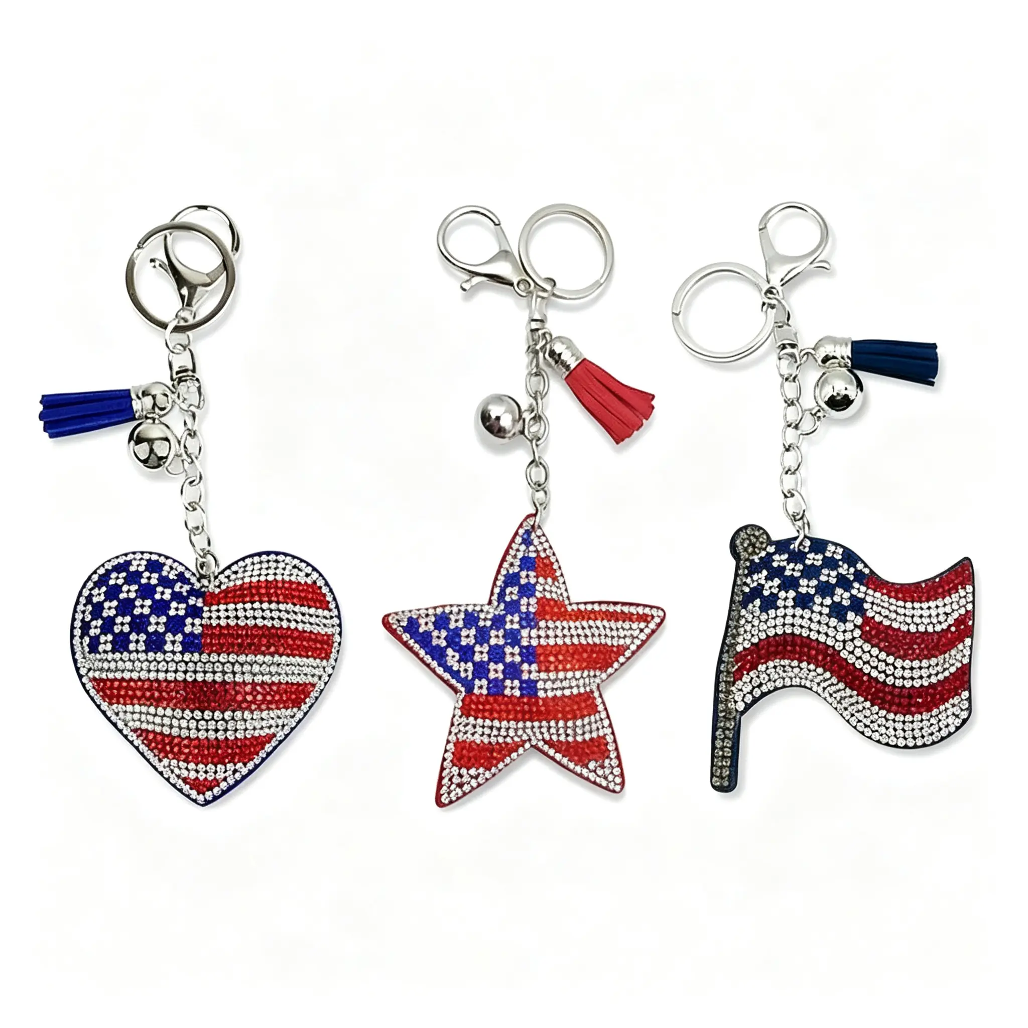 2026 America 250 4th of July Rhinestone Keychains Bulk Patriotic American Flag Heart Star Bag Charms Tassel Key Ring Independence Day Party Decor Cheap Gifts