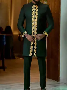 Mature Men's Luxurious Set, Elegant Design, Embroidery, Long Sleeve, Suitable for Weddings, Banquets, Business, Commuting, Ethnic Style Clothing