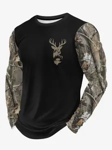 Men's Outdoor Functional Long Sleeve T-Shirt, Casual Graphic Deer Print, Comfortable and Skin-Friendly, Trendy Men's Outdoor Leisure Social Wear