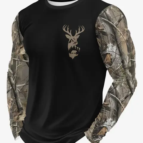 Men's Casual Camo & Deer Print Long Sleeve T-Shirt, Soft Skin-Friendly Fabric, Street Style, Trendy Graphic Tee, Ideal for Outdoor Activities, Streetwear
