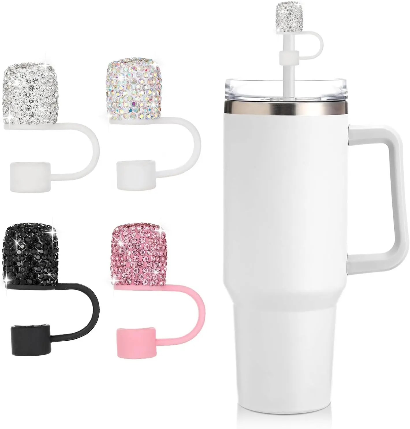 Bling Rhinestones Straw Cover Set - 4 Pack Straws Cap for  30&40oz Tumblers, Includes , Black,  & Colorful,  Straw Toppers for Water Bottle Accessories