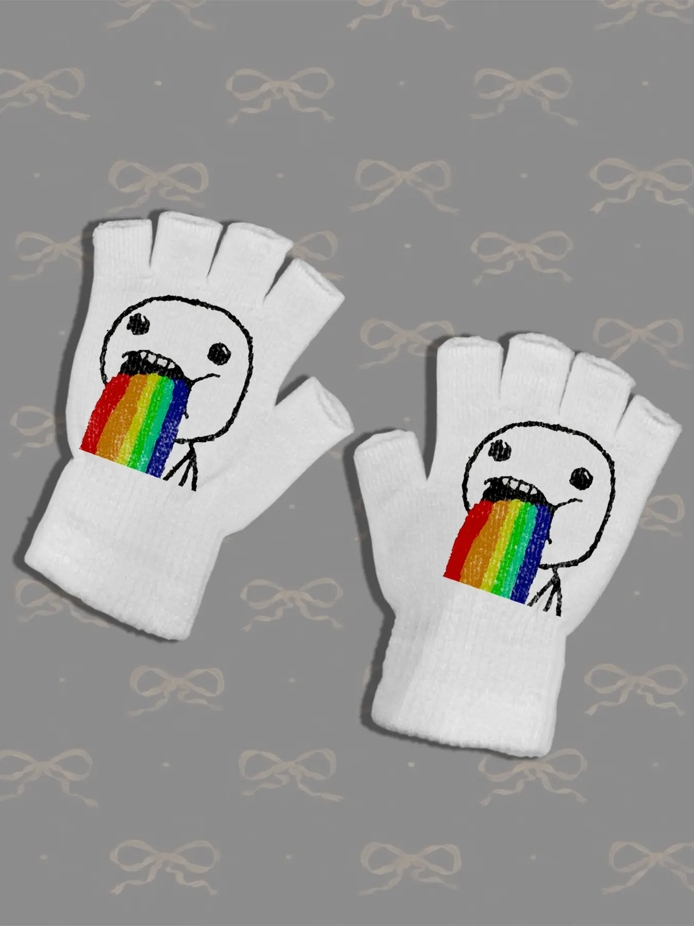 Tiktok Trendy Cartoon Rainbow Sketch Half-Finger Gloves, Fun Street Style Fashion Accessories, Slim-Fitting Kint Fabric for All Seasons
