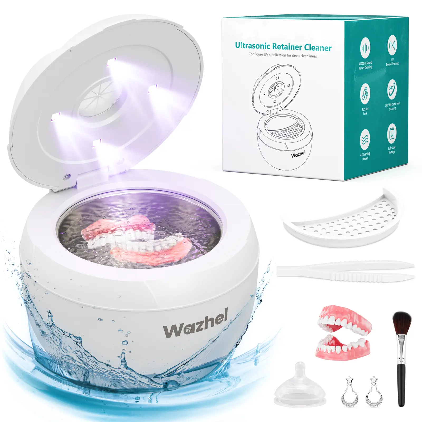 Wazhel 45kHz Ultrasonic Cleaner with UV Light - 200ml Tank, 4 Modes, Digital Timer, UV Toothbrush Sanitizer & Toothbrush Sterilizer for Retainers, Dentures, Night Guards, Home Bathroom Sterilizer, Travel, Deep Clean, Tweezer