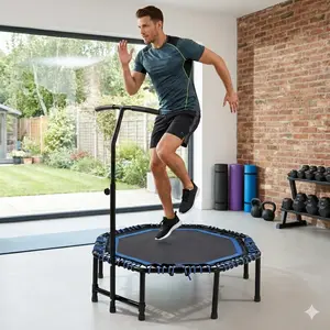 48 inch Foldable Fitness Trampoline With Adjustable Handlebar for Adults, Max Load 450lbs,With Durable Bungee Ropes,Stable & Quiet, Rebounder for Cardio & Strength Training, Home/Gym,Jumping Exercise