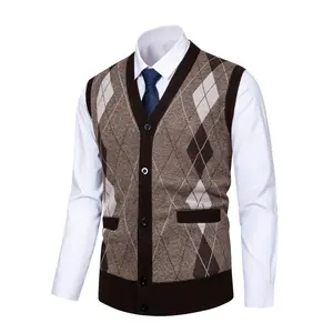 [Elegant Bohemian Knit Vest] Warm Polyester Elegant Men's Bohemian Knit Vest - V-Neck with Geometric Pattern, Button-Up Sleeveless Sweater for Fall/Winter - Machine Washable, Autumn Winter Wear