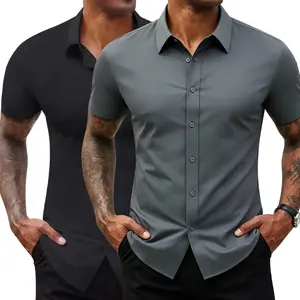 2-pack — Summer men’s solid-color short-sleeve dress shirts, wrinkle-resistant, slim fit, casual business style, Father’s Day gift, menswear