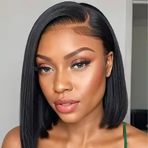 Reshine Premium Human Hair Bob Straight Side Part Wig 5x7 Pre Plucked Pre Cut Pre Bleached Wear & Go 12 Inch for Women