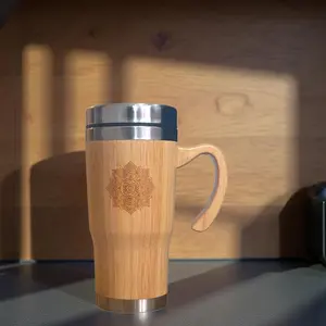 Bamboo Travel   mug ,hiking mug,water  Tumbler (17oz) – Reusable Coffee Mug with Handle, Stainless Steel Interior, Cupholder Friendly Eco Drinkware for Travel, Office & Daily Use,laser engraved,premium