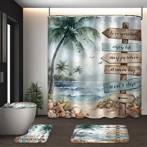 LVRLVR 4Pcs Beach Palm Tree Inspirational Sign Print Coastal Tropical Multi-Color Shower Curtain Set 70.8×70.8 Inch