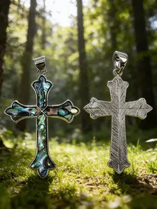 Vintage Shell Inlay Cross Pendant Necklace, Unisex Bobo Shell Charm Jewelry, Bohemian Style Accessory for Women and Men