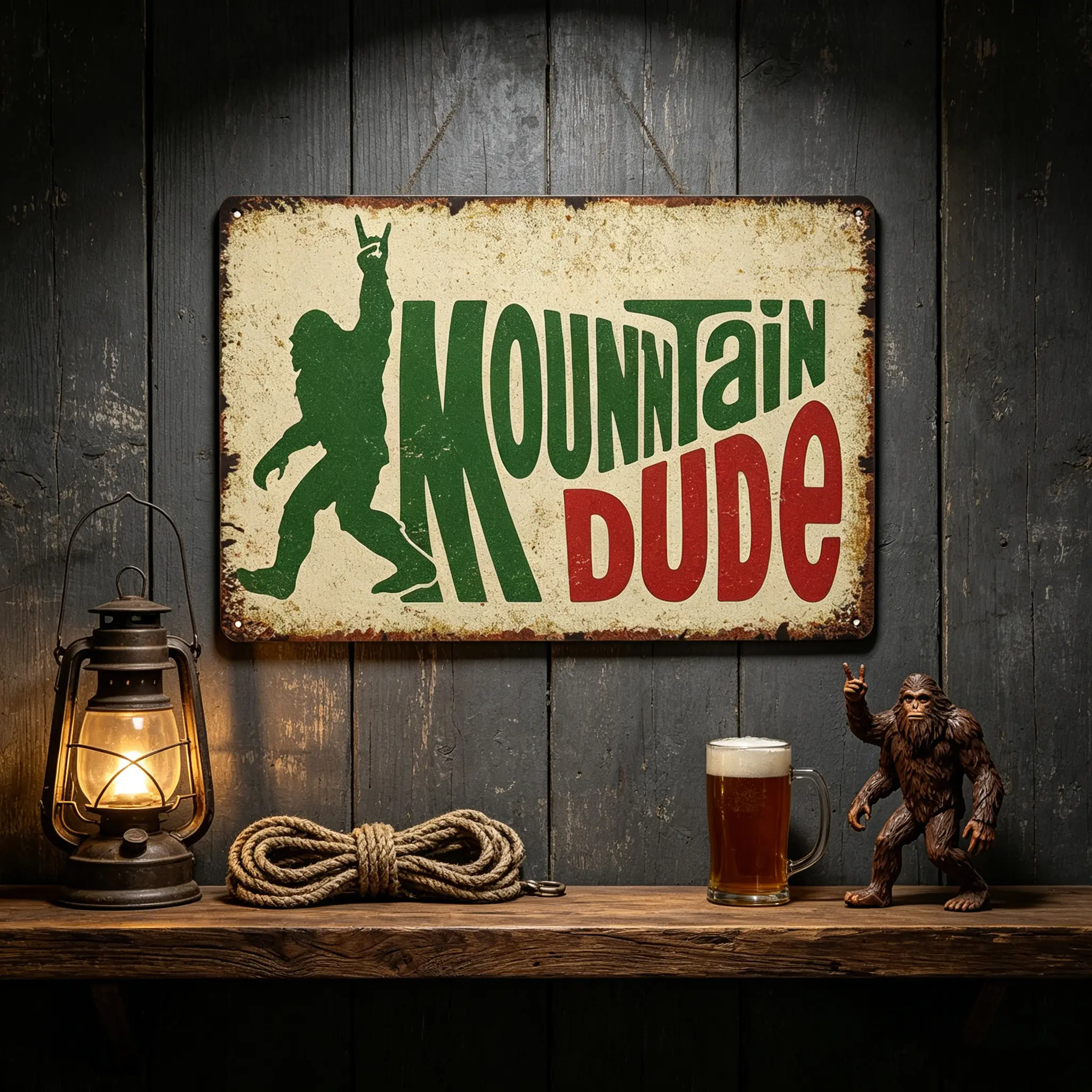 Mountain Dude Bigfoot Rock On Aluminium Metal Sign, 8x12in Retro Vintage Decor, Unique Room Decor for Cabin Man Cave, Funny Gift for Bigfoot Lovers, Wall Art Plaque