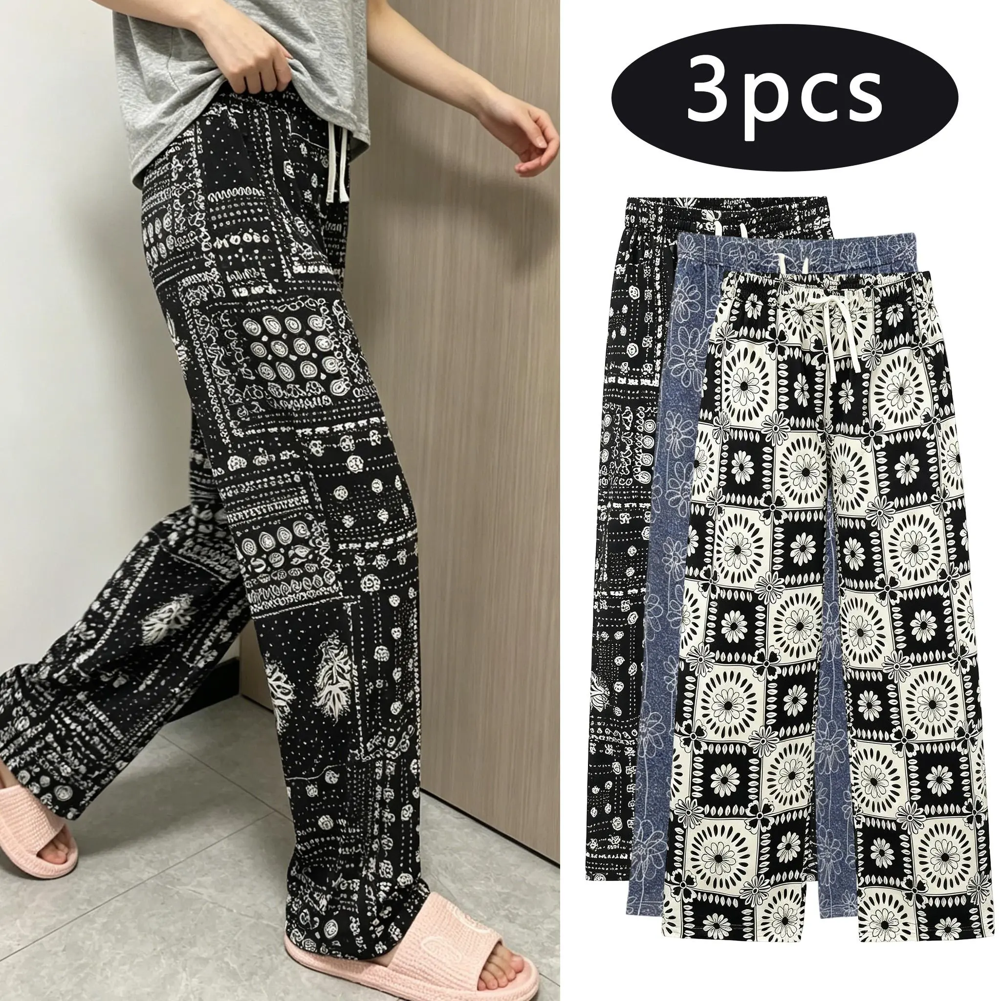 Women's 3-Piece Slimming Floral Paisley Print Silky Pants Set - Flowy Wide-Leg Bottoms, Elastic Waist, Lightweight Breathable, Everyday Style for Outdoor Wear, Women's Clothes, Outdoors, Loose-Fitting, Drawstring, Wide-Legs, Silk-Like, 3Pcs, Casual