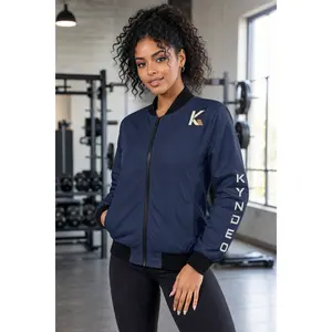 Women's Classic Blue Bomber Jacket, Handmade Zip Up Polyester Coat, Comfy Daily Wear Outerwear with Pockets