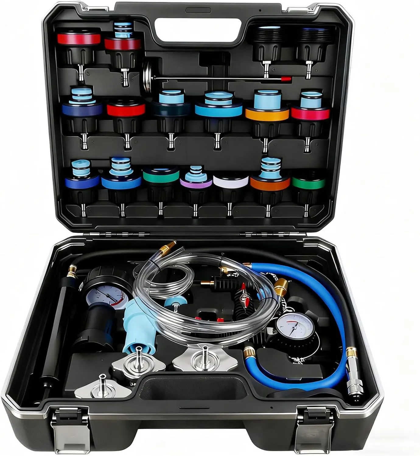 32pcs Universal Radiator Pressure Tester Kit - Pneumatic Vacuum Cooling System Purge Refill Leak Detector & Refiller Set for Automotive Domestic/Import Vehicles, Motorcycle Repair