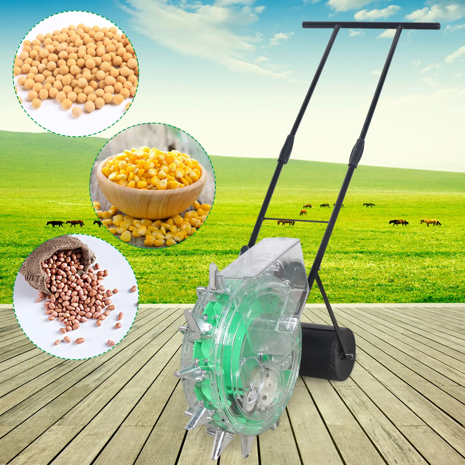 Hand-Push Roller Garden Seeder, Adjustable 1-3 Seeds & 2.36-6.3in Depth, Suitable for Corn, Soybean, Peanut Planting on Mountains, Hills, Slopes & Small Fields, Includes English Installation Diagram, 10.4kg Weight